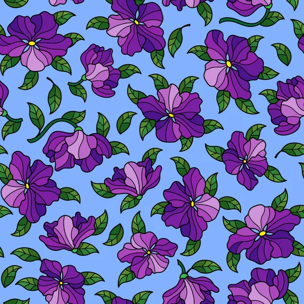 Nahtloses Muster mit lila leuchtenden Blüten, Knospen und Blättern, Blumen auf blauem Hintergrund — Stockvektor