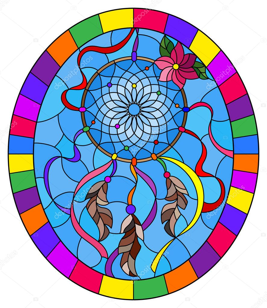 Illustration in stained glass style with dream catcher  on sky background, oval image in bright frame