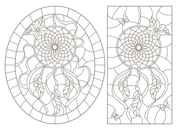 Conjunto de ilustraciones del contorno de vidrieras con atrapasueños, contorno oscuro sobre fondo blanco — Archivo Imágenes Vectoriales