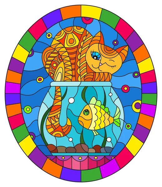 Ilustración en estilo vitral con gato abstracto rojo y peces de colores en el acuario, marco oval en brillante — Vector de stock