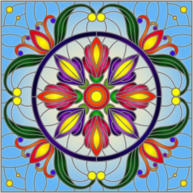 Vitray tarzı çiçek, soyut çiçek süslemeli çizimde bırakır ve mavi arka plan, kare görüntü bukleler