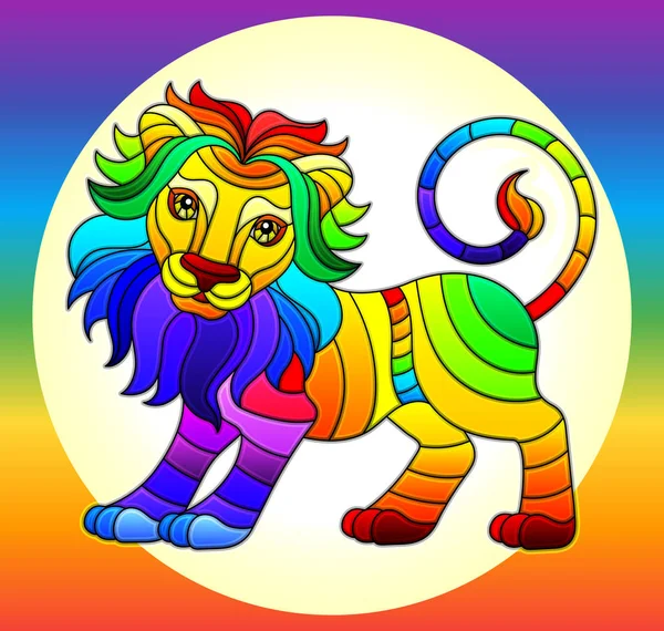 Εικονογράφηση σε βιτρό στυλ με λαμπερό ουράνιο τόξο χαριτωμένο λιονταράκι σε φόντο ουράνιο τόξο — Διανυσματικό Αρχείο