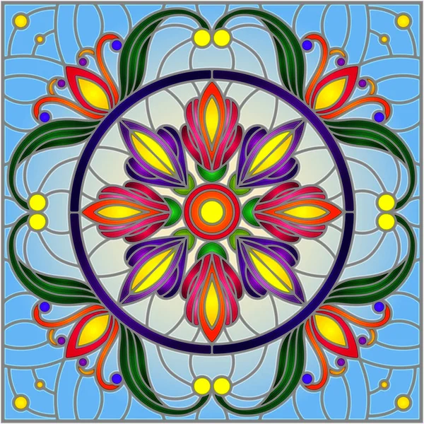 Vitray tarzı çiçek, soyut çiçek süslemeli çizimde bırakır ve mavi arka plan, kare görüntü bukleler
