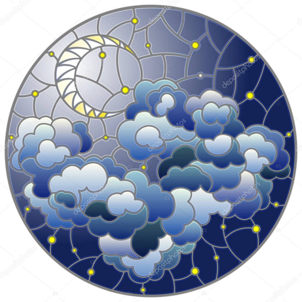 Illustration in stained glass style with celestial landscape, fluffy cloud on the background of starry sky and moon, round image