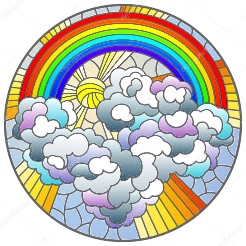 Illustration in stained glass style with celestial landscape, sun and clouds on rainbow background, round image