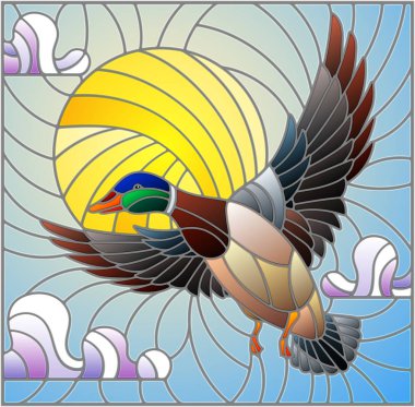 Gökyüzü, güneşin ve bulutların vitray tarzı resim arka planda uçan bir ördek çizimi