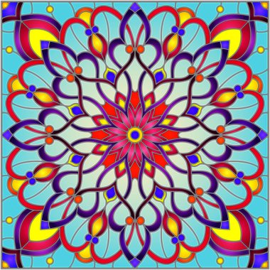 Vitray tarzı çiçek, soyut çiçek süslemeli çizimde bırakır ve mavi arka plan, kare görüntü bukleler