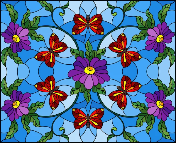 彩色玻璃风格的插图，抽象卷曲的紫色花和蓝色背景的红色蝴蝶 — 图库矢量图片