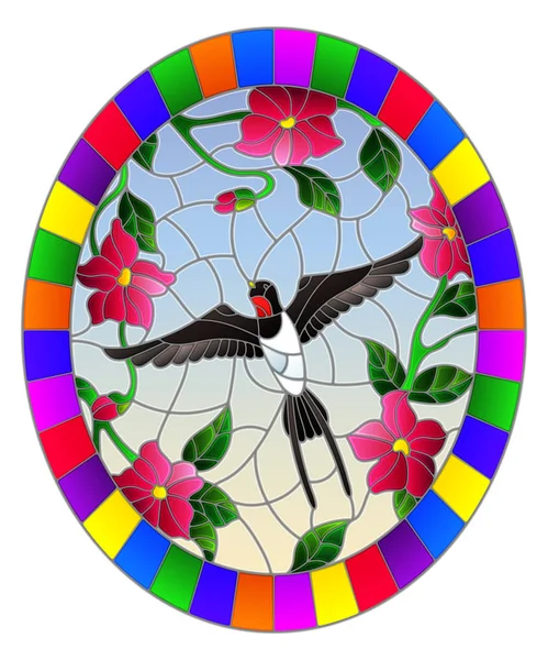 Иллюстрация в витражном стиле с птичьей ласточкой на фоне цветов и неба, овальное изображение в яркой рамке — стоковый вектор