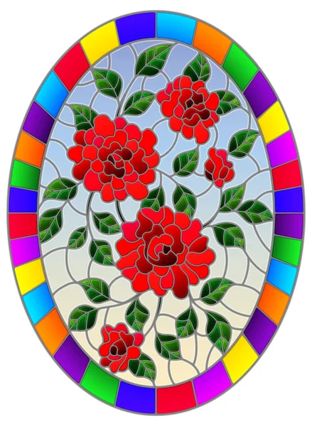 Ilustrace v vitráže stylu květ červené růže na modrém pozadí v hledáčku, oválný obraz — Stockový vektor