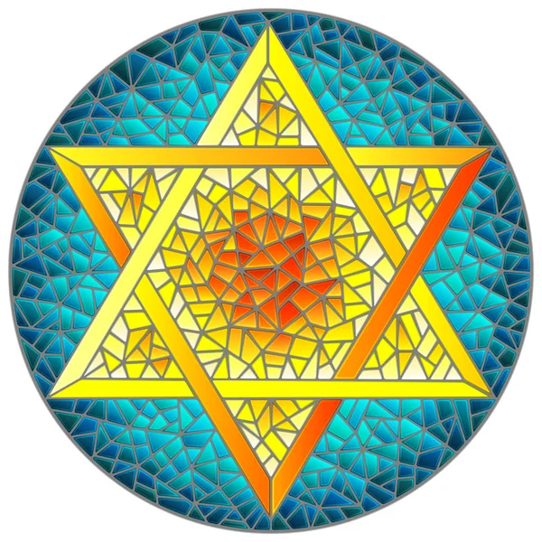 Illustration im Glasmalereistil sechszackiger Stern von David, gelber Stern auf blauem Hintergrund, rundes Bild — Stockvektor