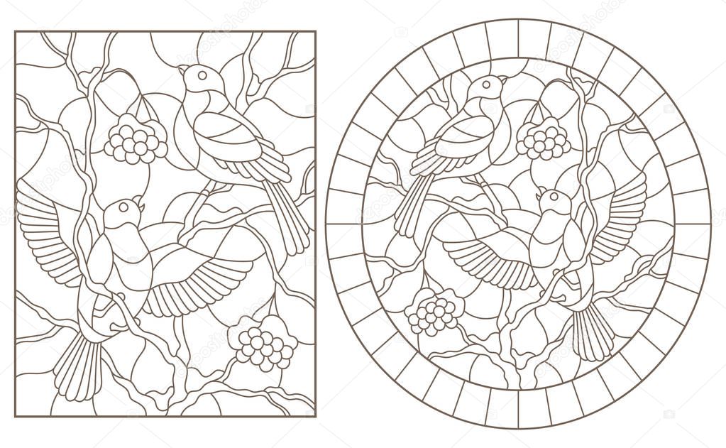 A set of contour illustrations of stained glass Windows with bullfinches sitting on the branches of snow-covered mountain ash, dark contours on a white background