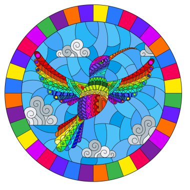 Gökkuşağı soyut Sinekkuşu kuş gökyüzü ve bulutlar, parlak çerçeve içinde oval görüntü karşı uçan ile vitray tarzı İllüstrasyon