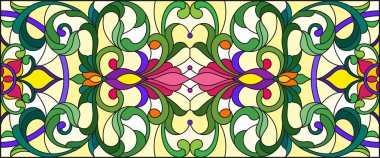 İllüstrasyon soyut swirls, vitray tarzında çiçekler ve yatay yönlendirme, sarı bir arka plan bırakır