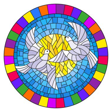 Vitray tarzı bir arka planda beyaz güvercin çifti ile illüstrasyon gündüz gökyüzü ve bulutlar, parlak bir çerçeveye oval resim