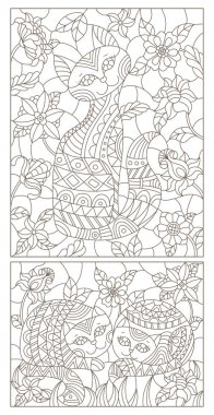 Renklerin bir arka plan üzerinde vitray kedi kontur çizimleri bir dizi, beyaz bir arka plan üzerinde koyu anahat