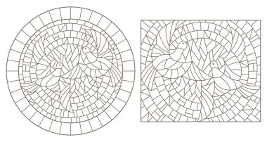 Beyaz arka plan üzerinde dikdörtgen ve oval görüntüleri vitray pencereler güvercinler ile karanlık özetliyor kontur illüstrasyonlar ayarla
