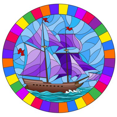 Parlak bir çerçevede denize karşı mor yelkenlerle yelken eski bir gemi ile vitray tarzında Illustration, oval görüntü