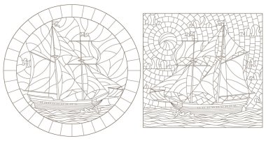 Eski yelkenli gemiler, beyaz arka planda koyu konturlar ile vitray pencereler kontur illüstrasyonları bir dizi