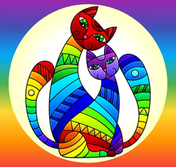 Ilustración en estilo vidriera con un par de brillantes gatos arco iris en un círculo sobre un fondo de arco iris — Vector de stock