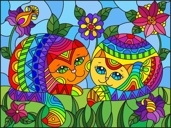 Illustratie in gebrandschilderd glas stijl met een paar regenboog schattige katten op een achtergrond van weiden, heldere bloemen en hemel — Stockvector