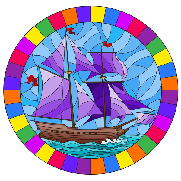 Ilustrace ve stylu barevného skla se starou lodí plachtící s purpurovými plachtami proti moři, oválný obraz v jasném rámu — Stockový vektor
