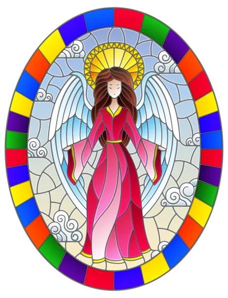 Illustration en style vitrail avec fille ange en robe rose sur fond de ciel et de nuages, image ovale dans un cadre lumineux — Image vectorielle