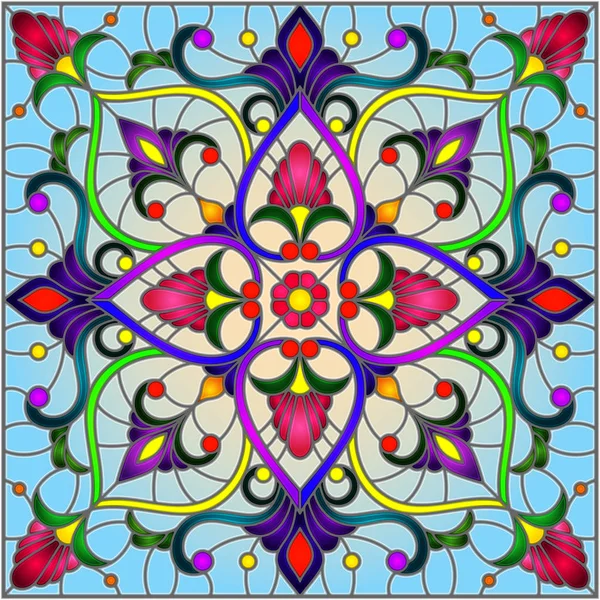 Illustration en style vitrail avec ornements floraux abstraits, fleurs, feuilles et boucles sur fond bleu, image carrée — Image vectorielle