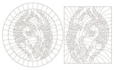 Sevimli karikatür kediler ile vitray Pencereler kontur çizimler seti , beyaz bir arka plan üzerinde koyu konturlar