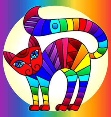 Bir gökkuşağı arka plan üzerinde bir daire içinde parlak gökkuşağı kedi ile vitray tarzı İllüstrasyon