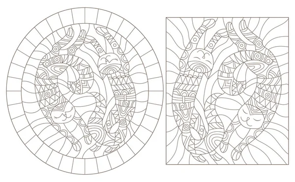 一套轮廓插图的彩色玻璃窗口与可爱的卡通猫，黑色轮廓在白色背景 — 图库矢量图片