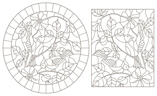 一组彩色玻璃窗户的轮廓插图与鸟在野生玫瑰的树枝上，黑色轮廓在白色背景 — 图库矢量图片