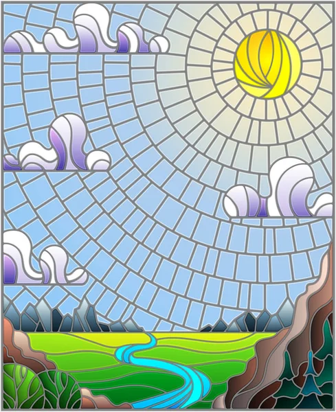 Иллюстрация в витражном стиле с извилистой рекой на фоне гор, лесов и солнечного неба — стоковый вектор