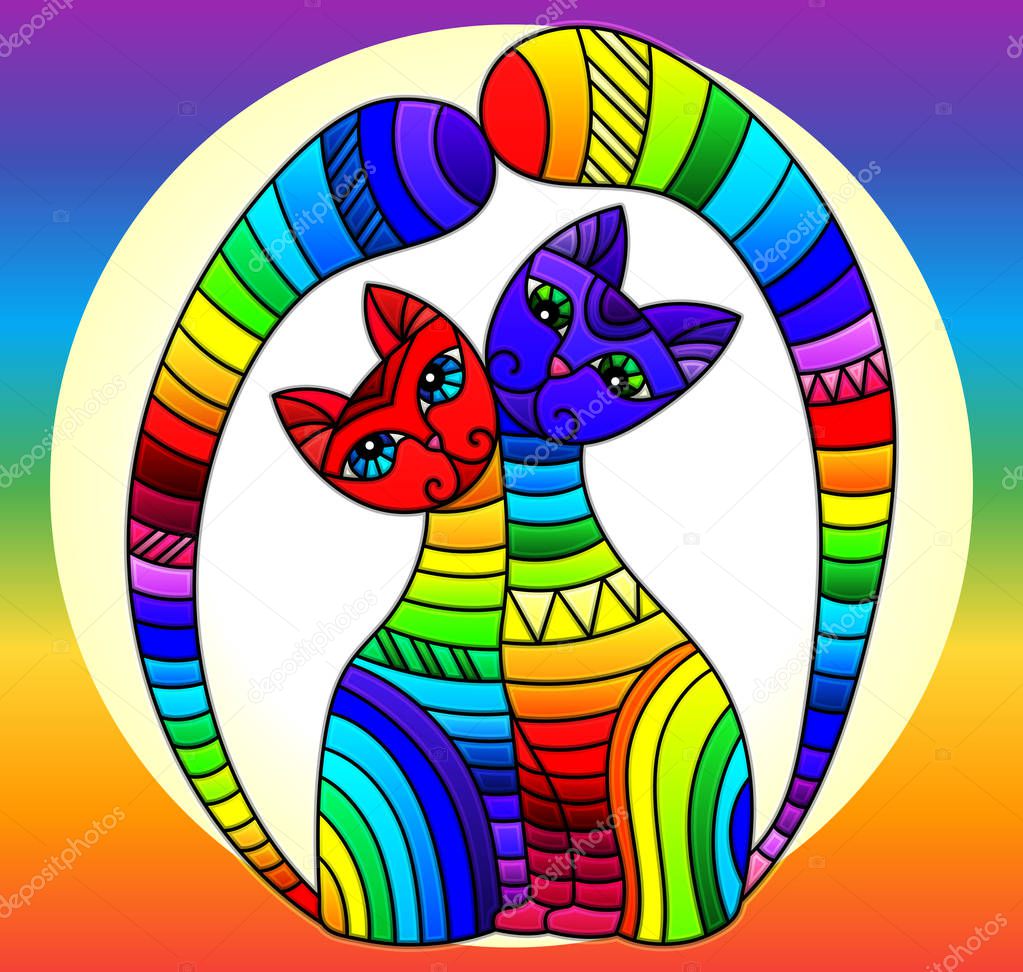 Illustration in stained glass style with a pair of bright rainbow cats in a circle  on a rainbow background