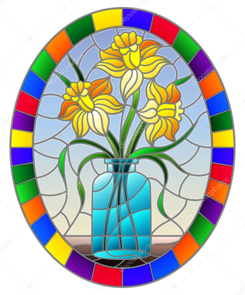 Illustration in stained glass style with still life, bouquet of yellow daffodil in a glass jar on a blue background, oval image in bright frame