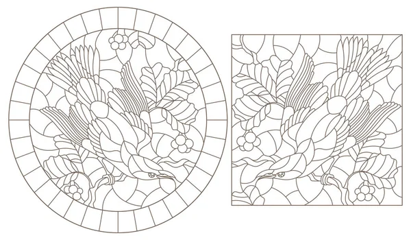 Egy sor kontúr illusztrációk ólomüveg Windows madarak a háttérben a levelek és bogyók, sötét kontúrok fehér alapon — Stock Vector