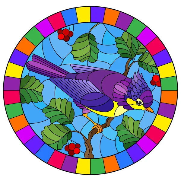 Ağaç ve gökyüzü şube bir arka planda güzel bir parlak mor kuş ile vitray tarzında Illustration, parlak çerçevede oval görüntü — Stok Vektör