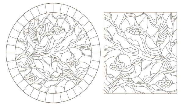 Een set van Contour illustraties van gebrandschilderd glas vogels, Laken op de takken van besneeuwde berg Ash donkere contouren op een witte achtergrond — Stockvector