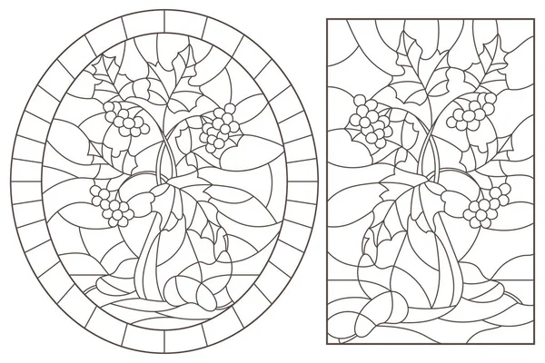 设置彩色玻璃的轮廓插图与秋季静物，花瓶和水果中的树枝，白色背景上的黑暗轮廓 — 图库矢量图片