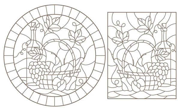Una serie di illustrazioni di contorno di vetrate con nature morte, una bottiglia di vino e frutta, contorni scuri su sfondo bianco — Vettoriale Stock