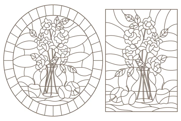 Jeu de contours de vitraux avec natures mortes, roses dans un vase et pommes, contours sombres sur fond blanc — Image vectorielle