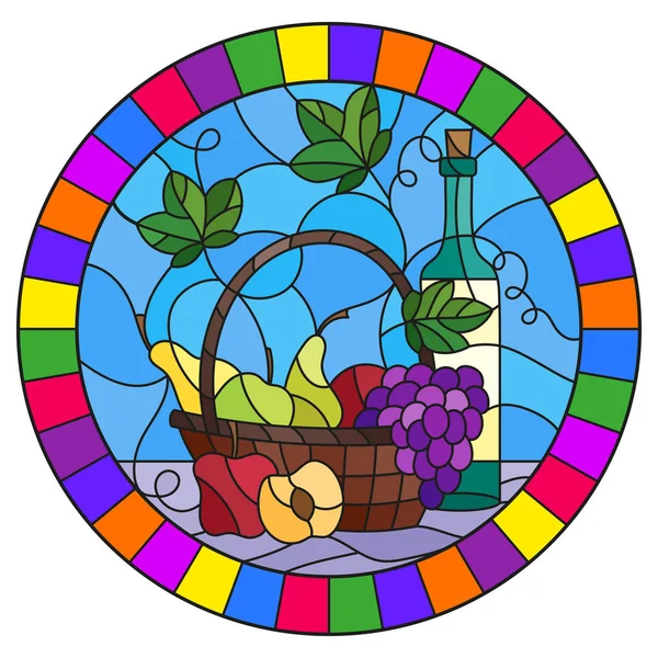 彩色玻璃风格的插图与静物，一瓶葡萄酒，和水果在蓝色背景，椭圆形图像在明亮的框架 — 图库矢量图片