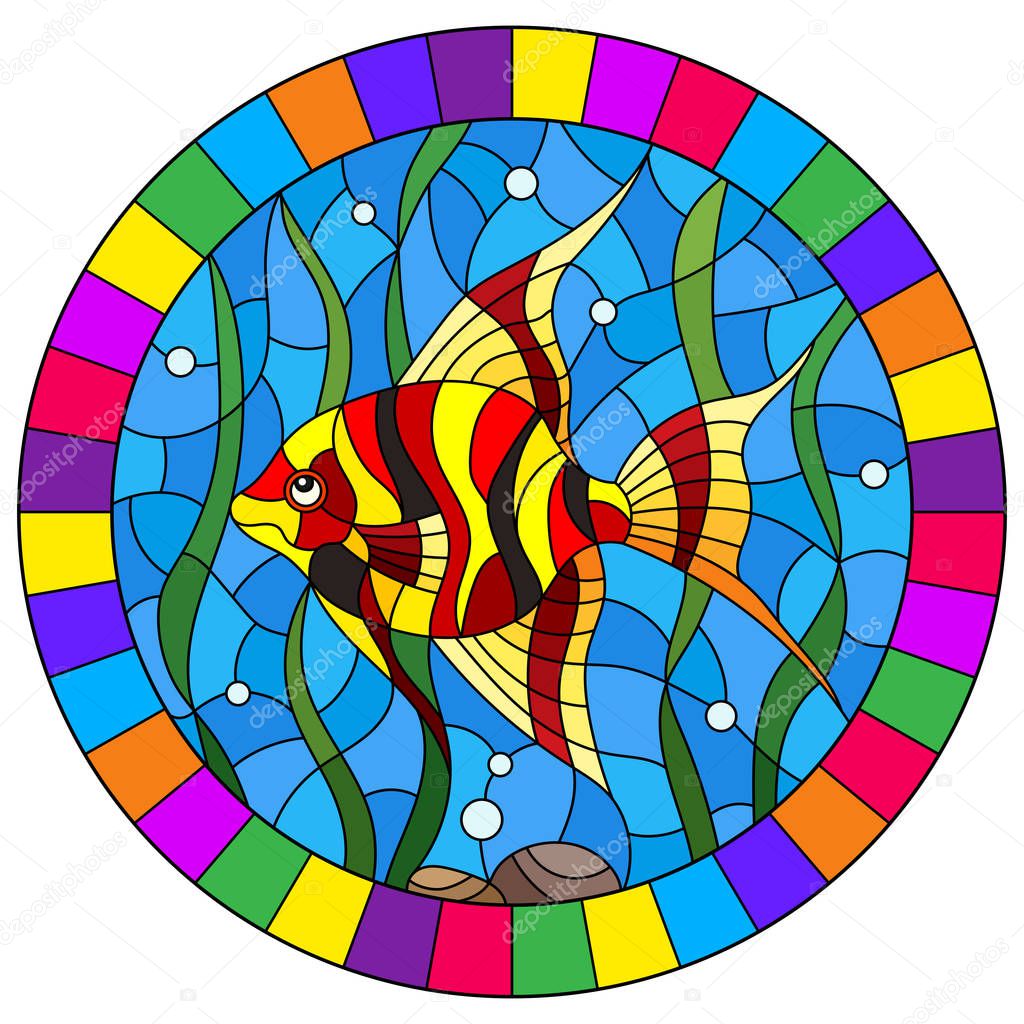 Illustration in stained glass style bright  fish scalar on the background of water and algae, oval image in bright frame