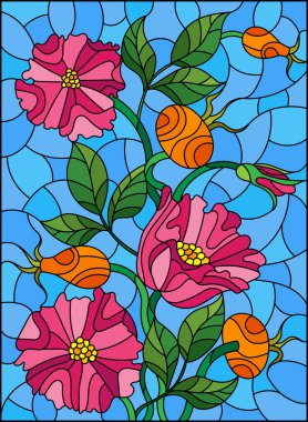 Çiçek, çilek ve yabani gül yaprakları ile vitray tarzı İllüstrasyon