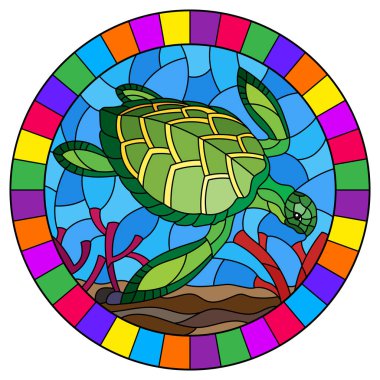 Yosun, balık ve taşlar, parlak çerçevedeki oval görüntü ile deniz kaplumbağası ile vitray tarzında Illustration
