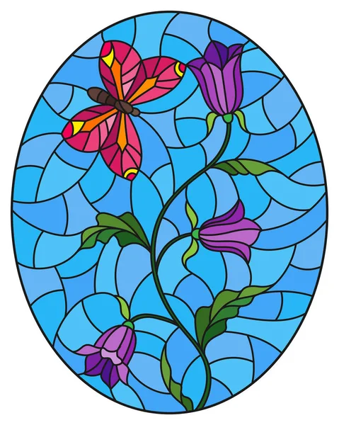 Illustration dans un style vitrail avec des fleurs violettes bouclées abstraites et un papillon rose sur fond bleu, image ovale — Image vectorielle