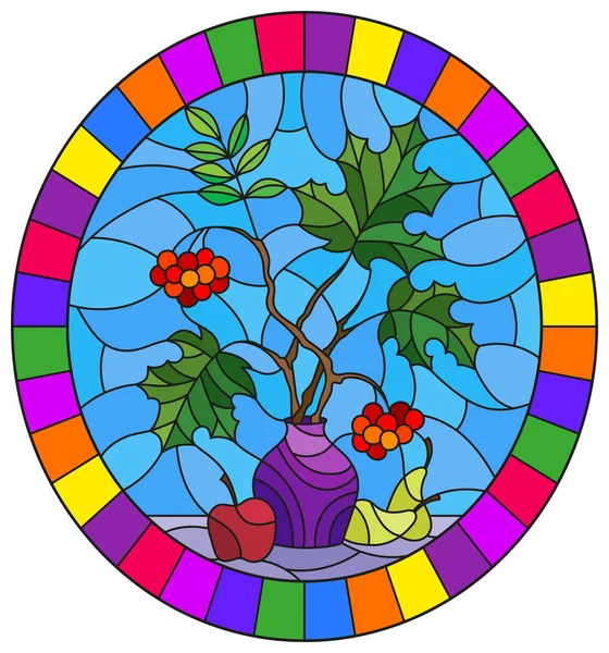 Illustration im Glasmalereistil mit Stillleben, Strauß von Viburnumzweigen in Keramikvase und gelben Birnen auf blauem Hintergrund, ovales Bild in hellem Rahmen — Stockvektor