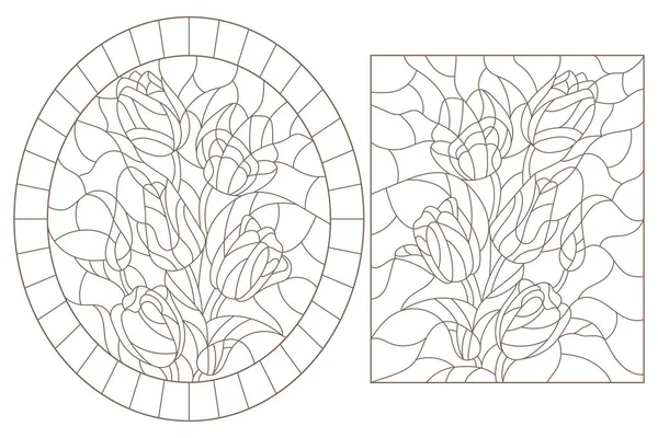 Conjunto de ilustraciones de vitrales de contorno con ramos de flores tulipanes, contornos oscuros sobre fondo blanco — Vector de stock