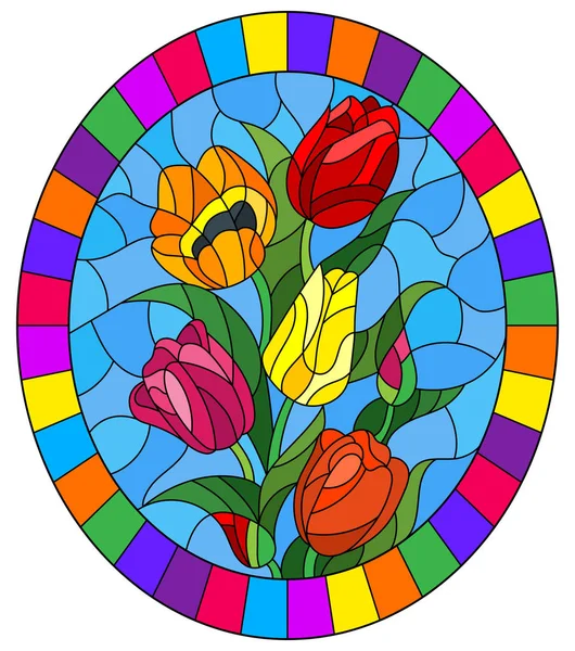 Illustratie in gebrandschilderd glas stijl met een boeket van kleurrijke tulpen op een blauwe achtergrond, ovaal beeld in helder frame — Stockvector