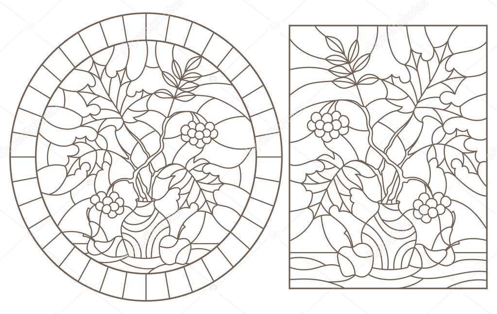 Set contour illustrations of stained glass with autumn still life, tree branches in vases and fruit
